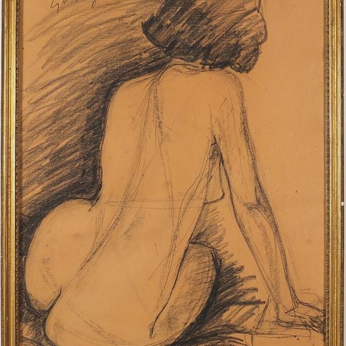 Femme nue assise, fusain/conte crayon de l'école italienne sur papier chamois, e&hellip;