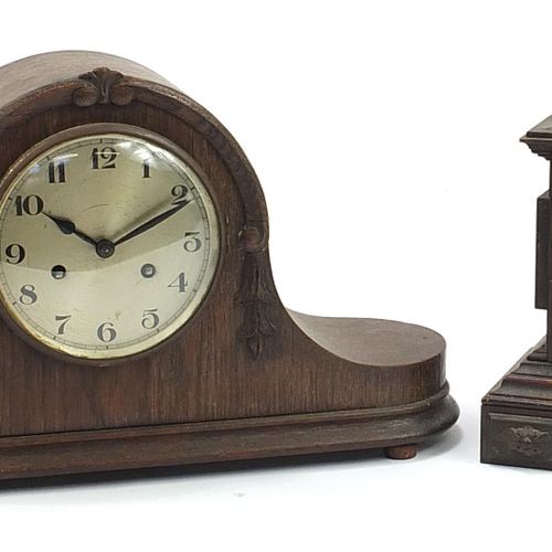 Null Oak cased Napoleon hat shaped striking mantle clock and one other with enam&hellip;