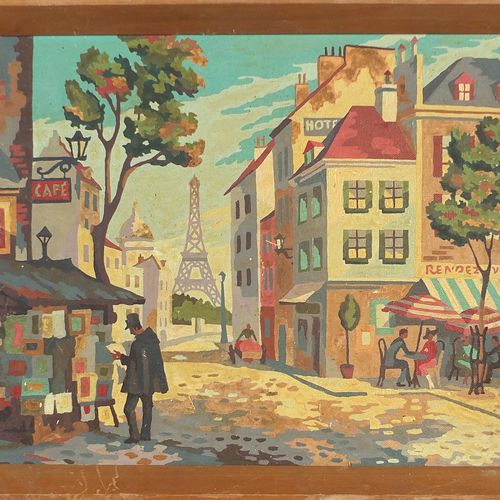 Null Parisian street scene with figures before the Eiffel Tower, oil on board, f&hellip;