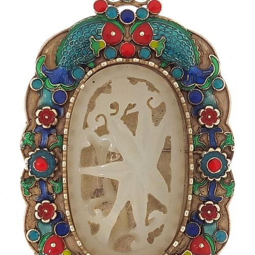 Null Chinese white metal and enamel pendant inset with a carved celadon jade pan&hellip;
