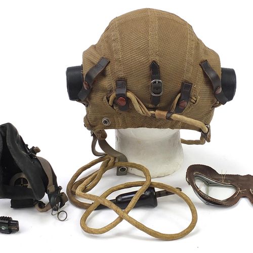 Null British military World War II RAF type E flying helmet with MKVIII goggles &hellip;