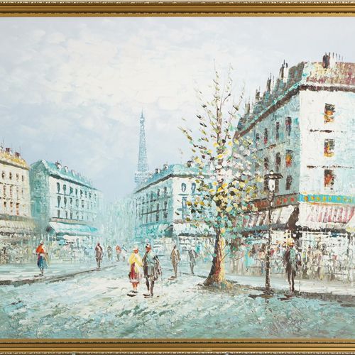 Null Burnett - Scena di strada parigina con figure, olio impressionista su tela,&hellip;