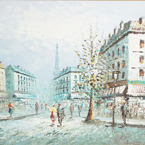 Null Burnett - Escena callejera parisina con figuras, óleo impresionista sobre l&hellip;