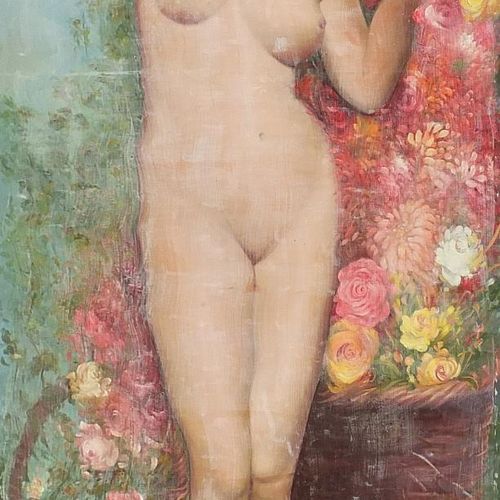 Null Full length portrait of a nude female amongst flowers, oil on unstretched c&hellip;
