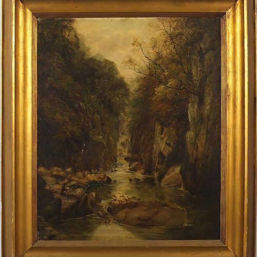 Null Paesaggio fluviale con cascata, olio su tela del XIX secolo, montato e inco&hellip;
