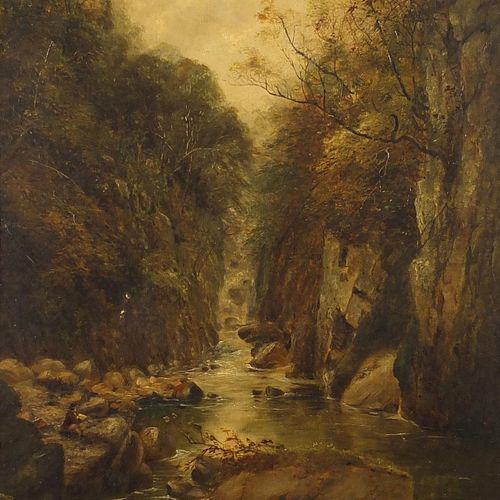 Null River landscape with waterfall, 19th century oil on canvas, mounted and fra&hellip;