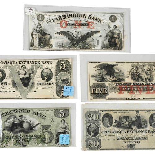 Five New Hampshire Obsolete Bank Notes mediados del siglo XIX, billetes de varia&hellip;