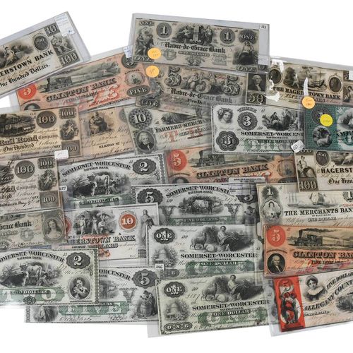 25 Maryland Obsolete Bank Notes XIX secolo, banconote di vario taglio, tra cui S&hellip;