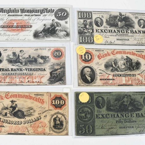19 Virginia Obsolete Bank Notes metà del XIX secolo, banconote di vario taglio, &hellip;