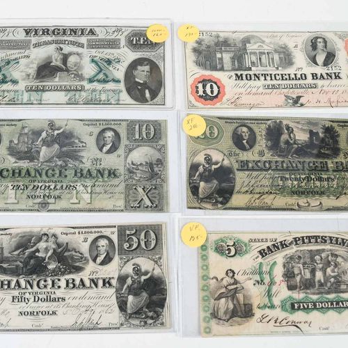 19 Virginia Obsolete Bank Notes mid 19th century, notes of various denominations&hellip;