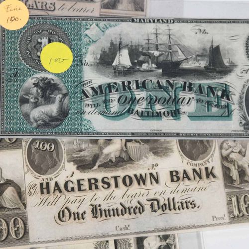 25 Maryland Obsolete Bank Notes 19世纪，各种面值的纸币，包括萨默塞特和伍斯特储蓄银行，巴尔的摩银行，马里兰州埃尔克顿银行，哈格&hellip;