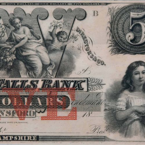 Five New Hampshire Obsolete Bank Notes mediados del siglo XIX, billetes de varia&hellip;