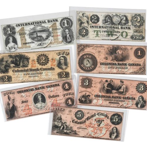 Seven Canadian Bank Notes milieu du 19e siècle, billets de diverses dénomination&hellip;