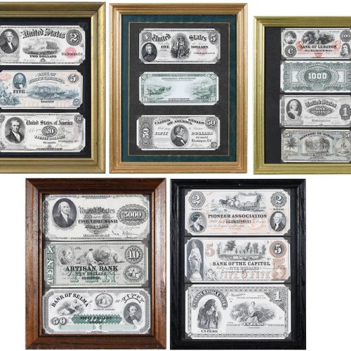 Framed Intaglio Prints of Currency 16 "notes" au total dans cinq cadres, impress&hellip;
