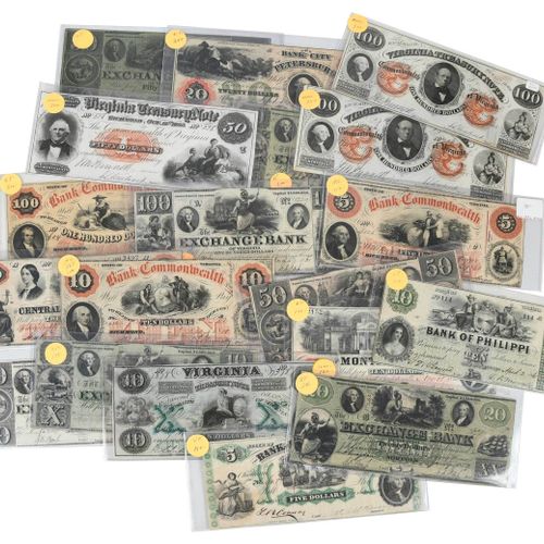 19 Virginia Obsolete Bank Notes 19世纪中期，各种面值的纸币，包括皮特西尔韦尼亚银行、蒙特塞洛银行、菲利皮银行、弗吉尼亚中央银行&hellip;