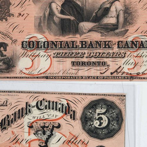 Seven Canadian Bank Notes 19世纪中期，各种面值的纸币，包括加拿大殖民银行和加拿大国际银行 出处。康涅狄格州Litchfield的Pe&hellip;