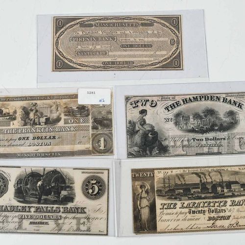 15 Massachusetts Obsolete Bank Notes Siglo XIX, billetes de varias denominacione&hellip;