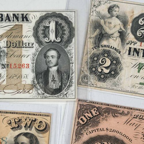 Seven Canadian Bank Notes metà del XIX secolo, banconote di vario taglio, tra cu&hellip;