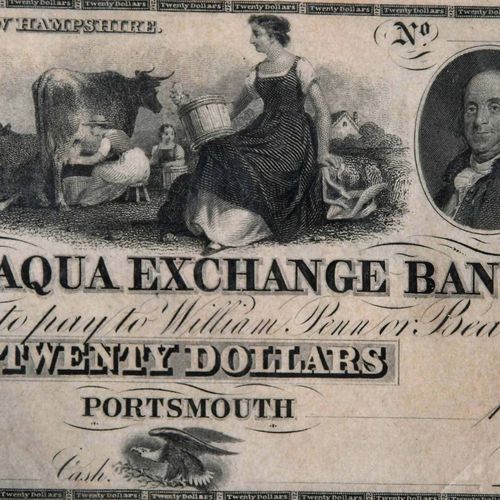 Five New Hampshire Obsolete Bank Notes mediados del siglo XIX, billetes de varia&hellip;