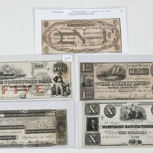 15 Massachusetts Obsolete Bank Notes 19世纪，各种面值的纸币，包括汉普顿银行，凤凰银行，拉斐特银行，哈德利瀑布银行，罗克斯&hellip;