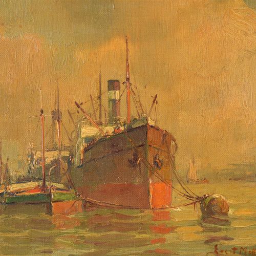 Null 埃弗特-莫尔 (1878-1955)
鹿特丹的海港景色》，大理石花纹，右下方有签名。 
高x宽：21 x 24厘米。