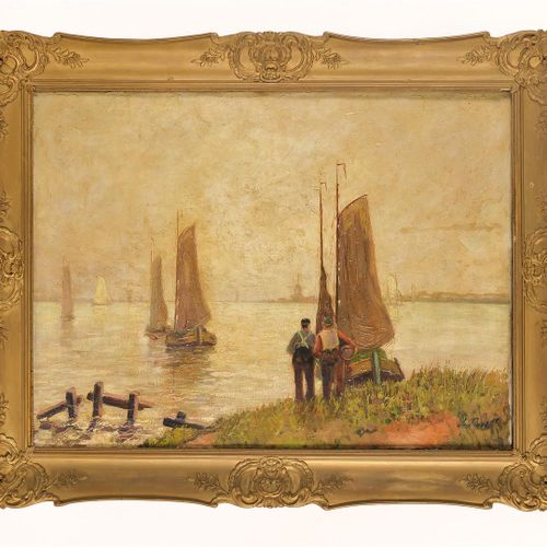 Null René De Pauw (1887-1946), "Bateaux plats sur l'eau", huile sur toile, signé&hellip;