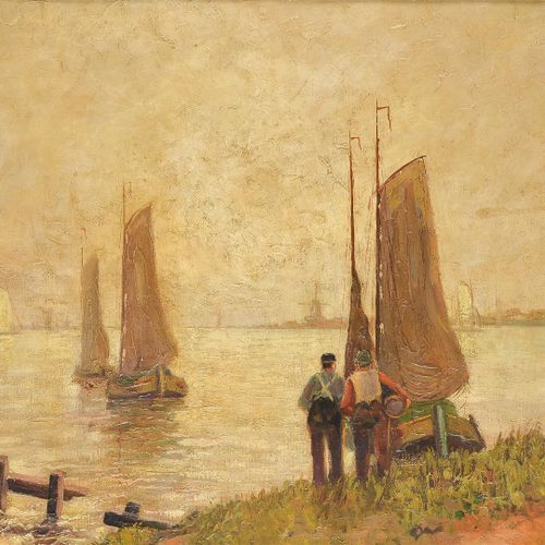 Null René De Pauw (1887-1946), "Flatboat on a water", olio su tela, firmato in b&hellip;