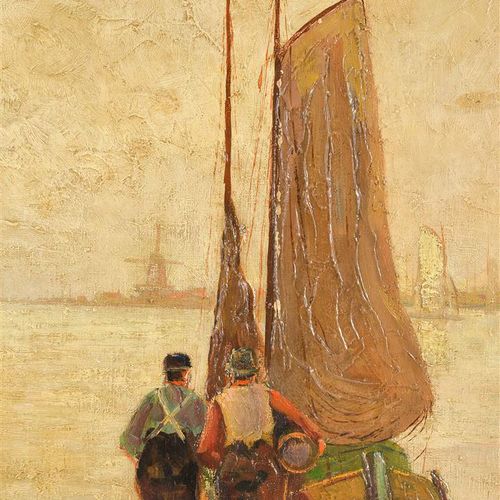 Null René De Pauw (1887-1946), "Bateaux plats sur l'eau", huile sur toile, signé&hellip;