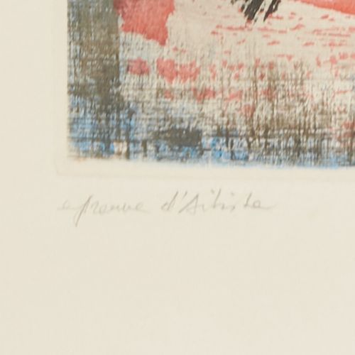 赵无极 (1921 2013) 
 
运动中的标志。1957 
 
牛皮纸上的彩色蚀刻画。 
有签名和日期，有一个天方夜谭的 "艺术家的预言"。 
 
略微发黄&hellip;