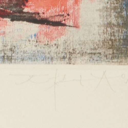 赵无极 (1921 2013) 
 
运动中的标志。1957 
 
牛皮纸上的彩色蚀刻画。 
有签名和日期，有一个天方夜谭的 "艺术家的预言"。 
 
略微发黄&hellip;