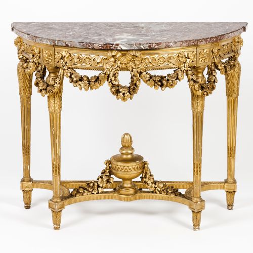 Null A pair of Louis XVI demi lune console tables
Carved and gilt wood garlands
&hellip;