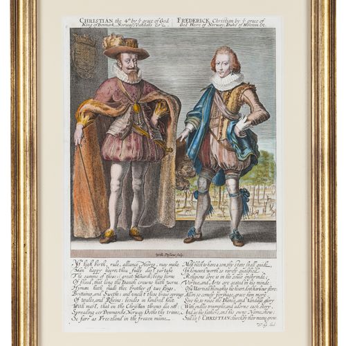 Null 丹麦克里斯蒂安四世和挪威继承人、荷尔斯泰因公爵弗雷德里克-克里斯蒂安的肖像
纸上彩色印刷品

欧洲，16/17世纪

30x21厘米