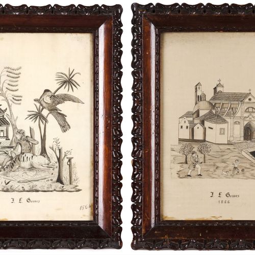 Null 葡萄牙学校，19世纪
一套两件丝绸刺绣，一件是动物和宝塔，另一件是教堂和人物

署名 "J.E.Gomes"，日期为1864和1866

33x24