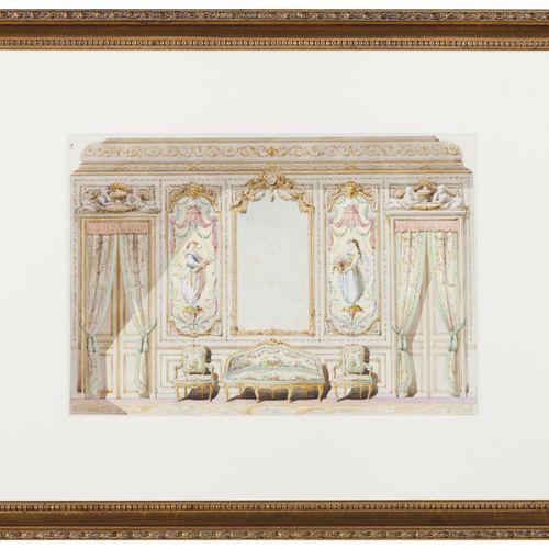 Null 法国学校，19世纪
一套11幅画，描绘了家具、装饰画和boiserie的装饰细节。

纸上水彩画

47x27.5厘米（最大的）。