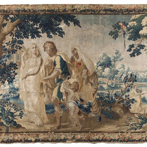 Null 一幅大型挂毯
多色羊毛描绘了带有人物、普陀、鹦鹉和房屋的风景。

树叶边框

法国，17/18世纪

(有磨损的痕迹)

301x518厘米