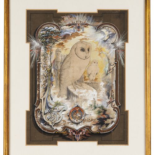 Enrique Casanova (1850-1913) A composition with owls
Mixed media on paper

Signe&hellip;