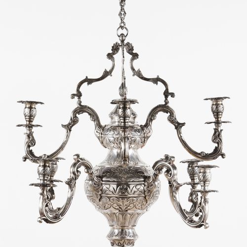 Null An important eight branch chandelier
Brazilian silver

Profuse reliefs deco&hellip;