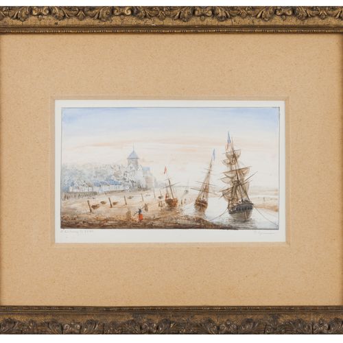 Null 法国学校，19世纪
圣日耳曼港

纸上水彩画

签名 "S.Valery "和日期1848

8,5x16 cm
