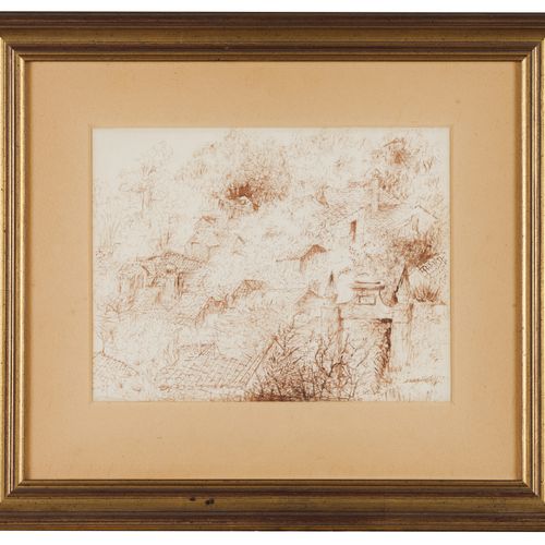 Bernardo Marques (1899-1962) A landscape with houses
Sepia drawing on paper

Sig&hellip;