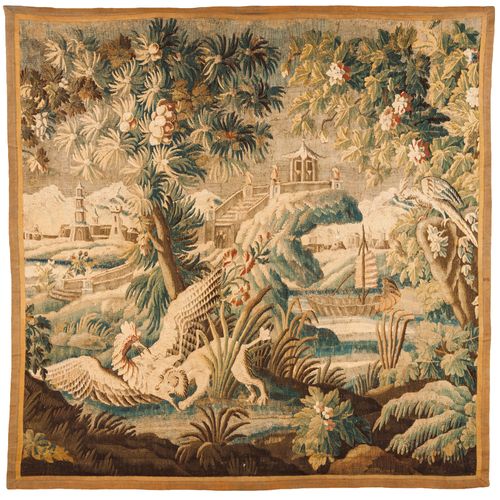 Null 一幅奥布松挂毯
多色羊毛挂毯

描绘了东方的风景，有塔，船，树木和异国的植物，鸟和野生动物

法国，17世纪末，18世纪初

(小的修复和缺陷)
24&hellip;