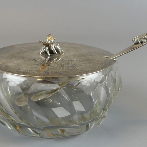 Null Honey jar, crystal glass with 800 silver lid and spoon, bee decor,ca. 98g.,&hellip;