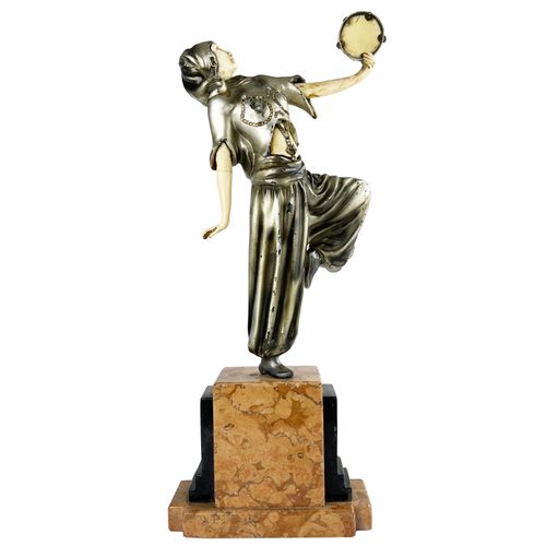 Escultura art decó criselefantina 装饰艺术风格的多色金属菊花象雕塑。"芭蕾舞者"。呈现在大理石和花岗岩底座上。呈现出旧的修复效&hellip;