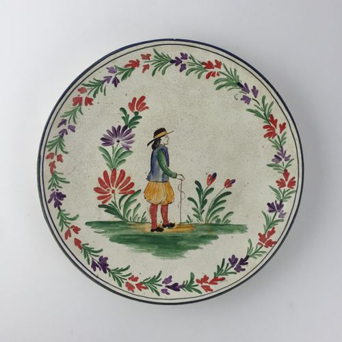 Plato bretón en cerámica 19世纪布列塔尼的釉面陶瓷盘，装饰有 "字符"。直径25.5厘米。