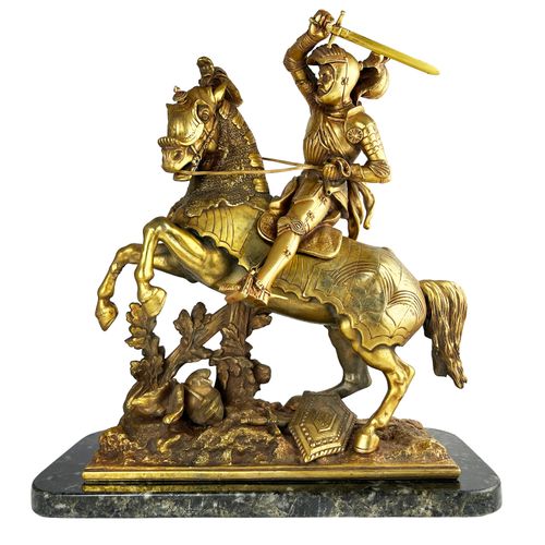 Escultura en bronce 带有金色铜锈的青铜雕塑。"马术战士"。41 x 35 x 14厘米。呈现在一个黑色花岗岩底座上。总高度为44厘米。