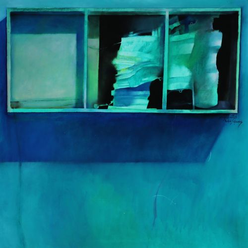 Zeitgenössischer Maler. {Peintre contemporain.} Composition en vert et bleu. Hui&hellip;