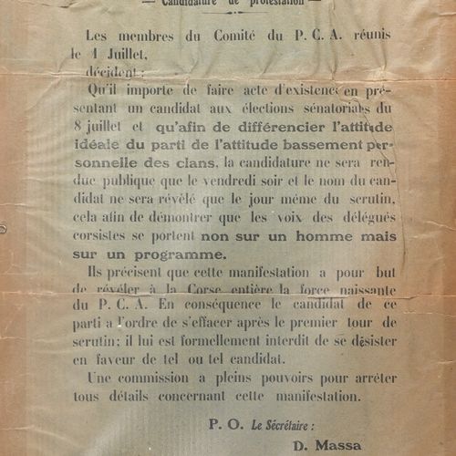 Partitu Corsu d’Azione Candidature de protestation signée du secrétaire D. Massa&hellip;