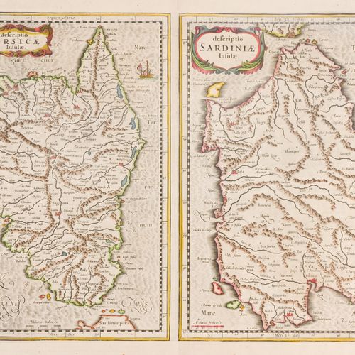 Mercator et Hondius 科西嘉。在同一板块的撒丁岛地图上。可能是1647年版。每幅地图34 x 23，背面有水彩拉丁文，笔记本Gg。不错的副本，&hellip;