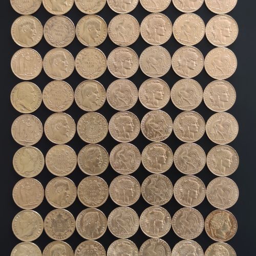 Ensemble de 63 pièces de 20 francs en or, France : Louis XVIII Napoléon FRAIS DE&hellip;