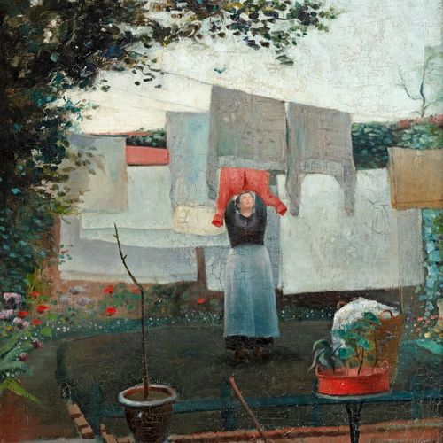 Jean DELVILLE (1867 1953) Etude. (femme étendant son linge) , 1885 Huile sur toi&hellip;