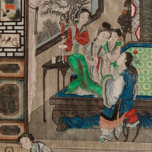 Chine, XIXe siècle Peinture sur soie représentant des dames de cour prenant le t&hellip;